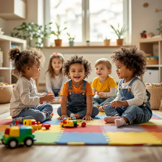 Young children playing together with colorful toys in a home daycare setting