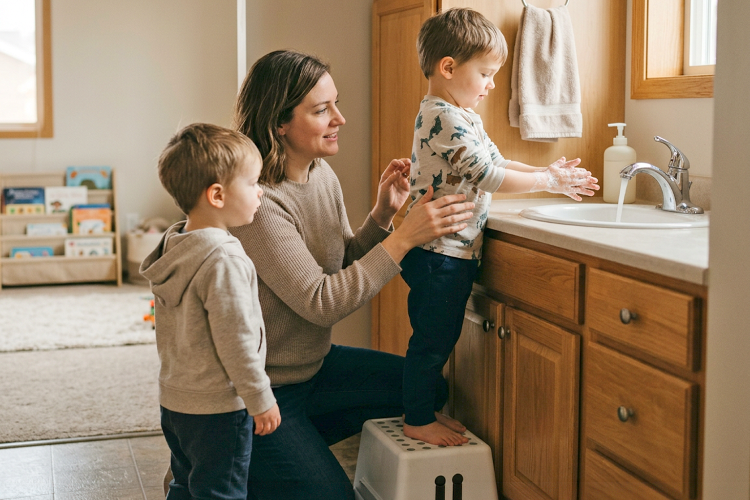 Young child carefully washing their hands in a clean home daycare setting