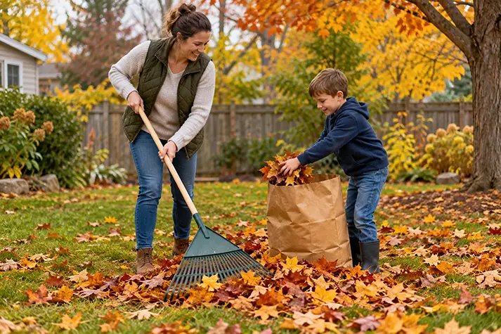 A parent and school-age child gathering autumn leaves into a paper bag in a backyard.