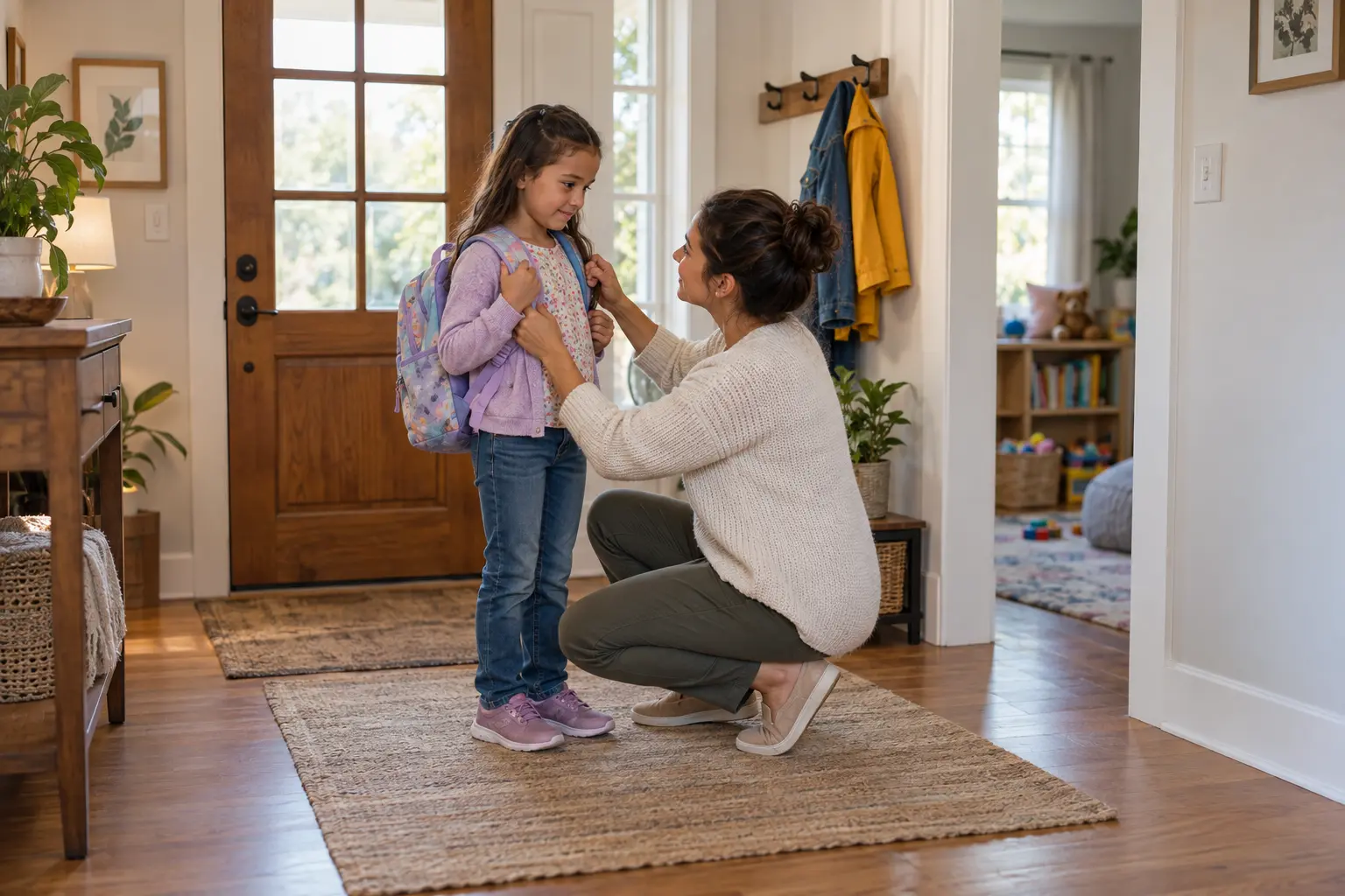 A caregiver helping a school-age child prepare their backpack before leaving for the first day of school.