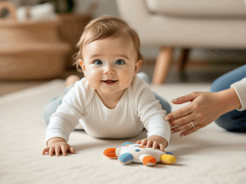 Infant reaching toward a soft sensory toy during supervised floor play