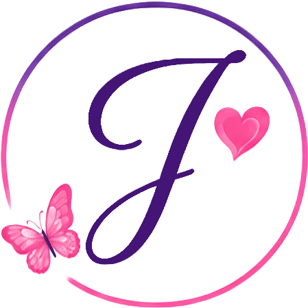 Jasmine’s Kingdom Daycare logo showing the capital letter J in purple with a thin ring around it filled with a gradient from purple at the top to pink at the bottom and two graphics, a pink butterfly and a pink heart