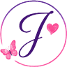 Jasmine’s Kingdom Daycare logo showing the capital letter J in purple with a thin ring around it filled with a gradient from purple at the top to pink at the bottom and two graphics, a pink butterfly and a pink heart