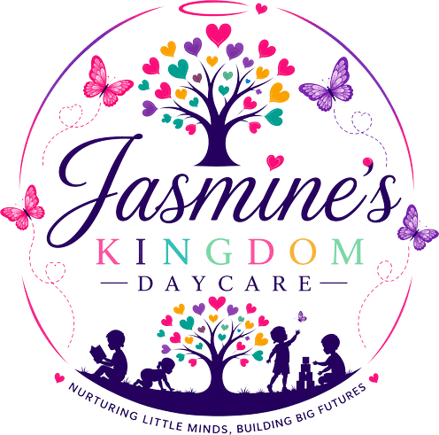 Jasmine’s Kingdom Daycare official graphic depicting a tree with colorful hearts as leaves and pictograms of children with the wording Jasmine's KINGDOM DAYCARE