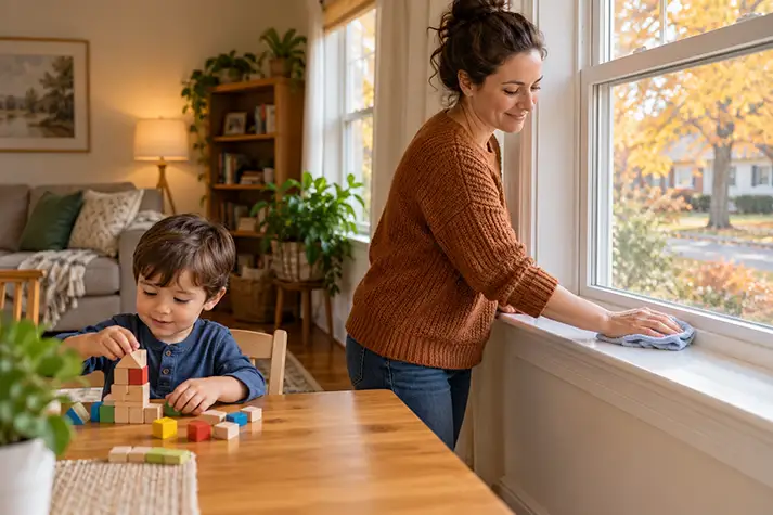 A parent damp-cleaning a windowsill while a young child plays nearby in a home.