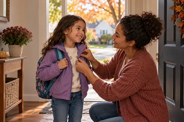 A parent helping a school-age child zip a light jacket at home before going outside.