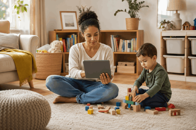 A parent reviewing childcare information while a young child plays with blocks nearby in a warm home setting.