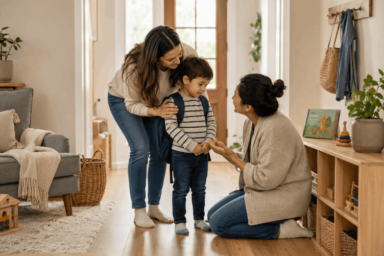 Parent and child visiting a warm and organized home daycare