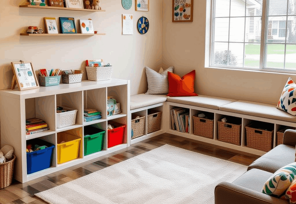 Reading corner at a random home daycare without identifiable children, with cubbies and a quiet/rest area