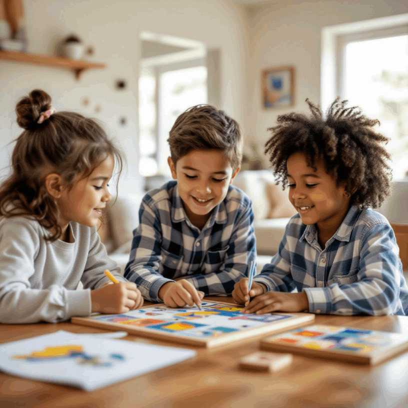 School-age children reading and playing a board game together