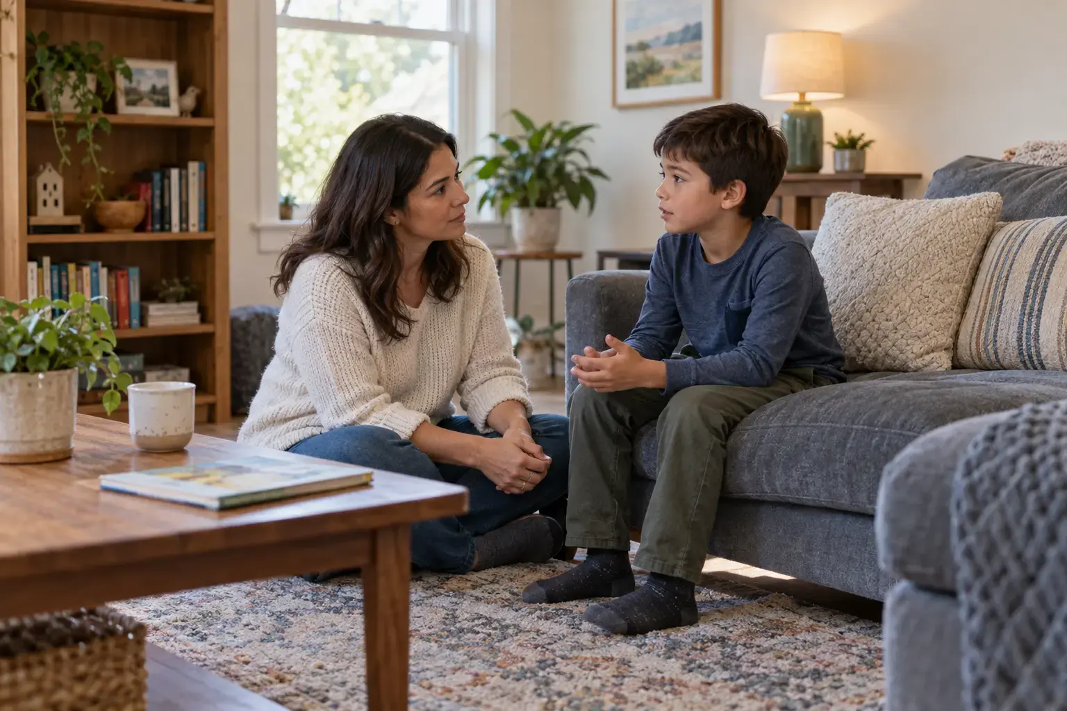 A caregiver listening calmly to a school-age child during a quiet conversation in a warm home setting.