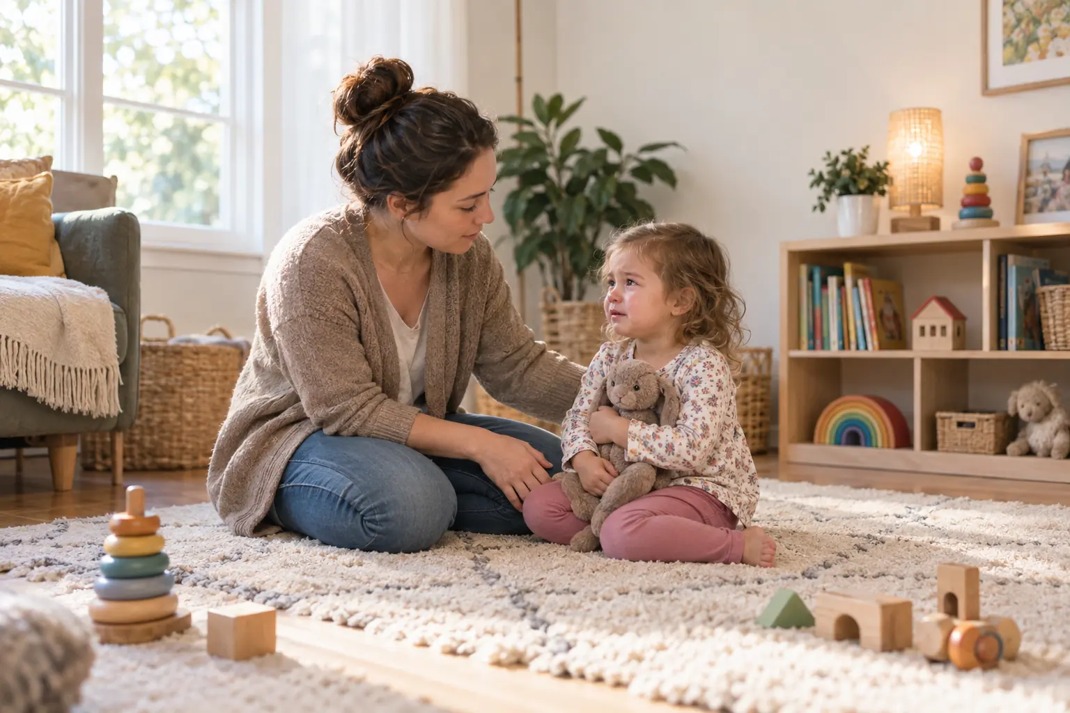 A caregiver calmly supporting a frustrated toddler at eye level in a home daycare play area.