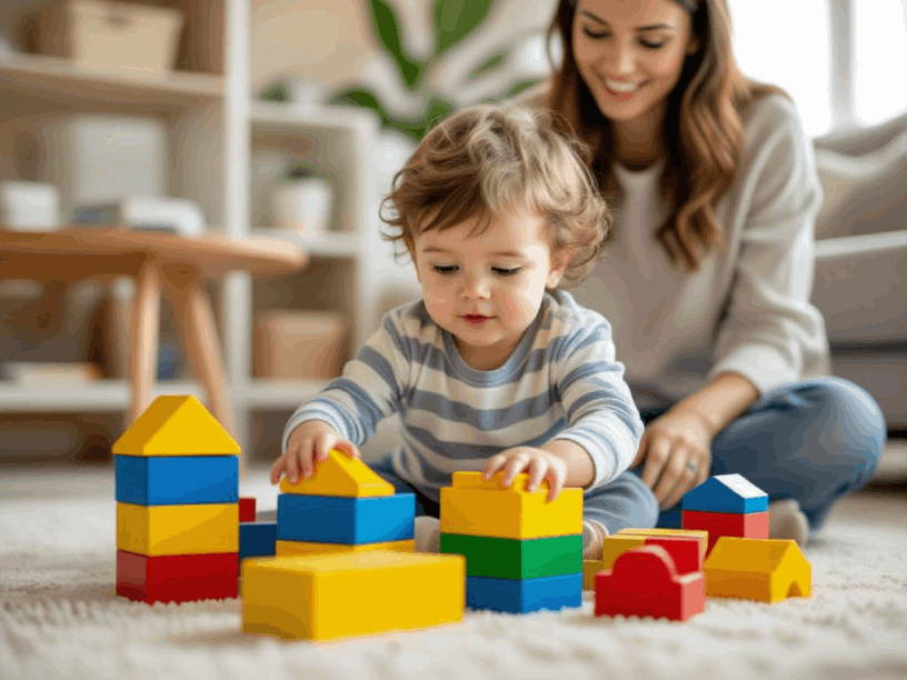 Toddler stacking large blocks during supervised play