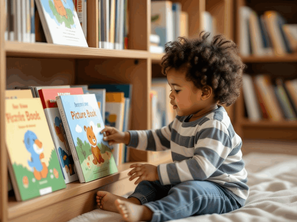 Toddler choosing a picture book from a child-height shelf