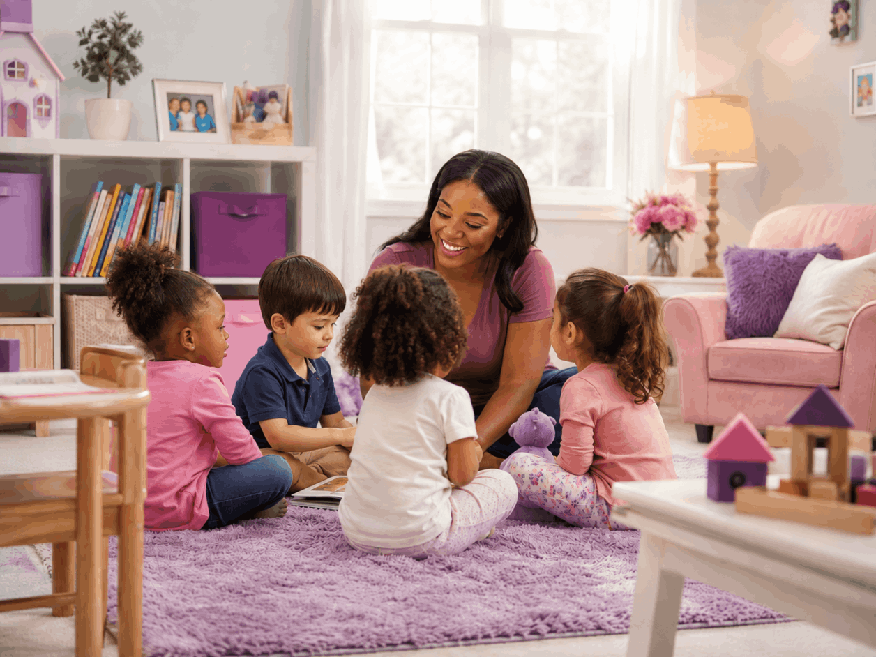 Adult caregiver sitting with young children in a play area