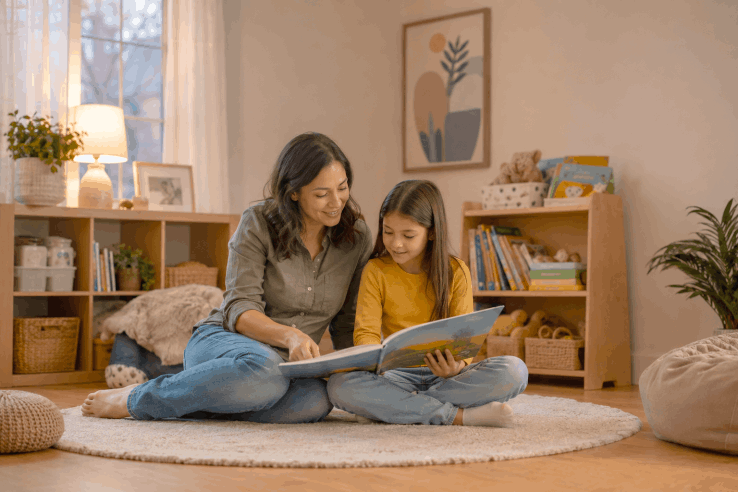 A parent and school-age child reading together during a calm evening wind-down routine.