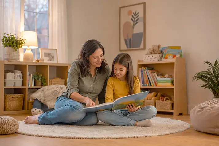 A parent and school-age child reading together during an evening routine.