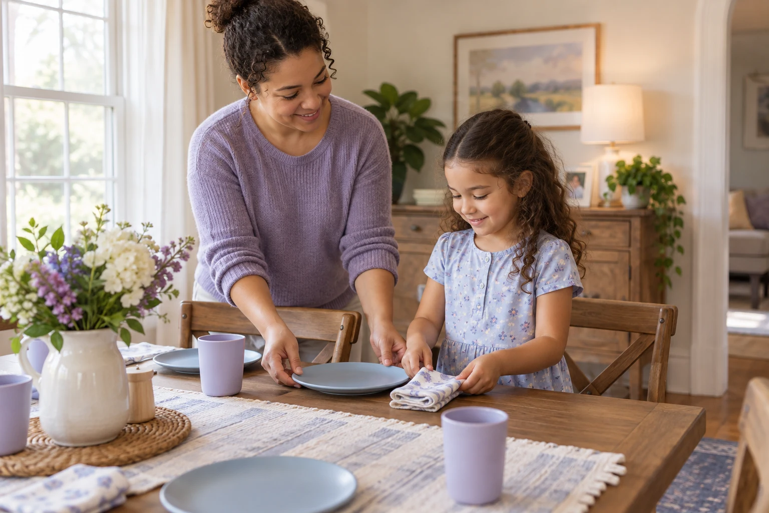 A caregiver and school-age child setting a dining table together in a warm home setting.