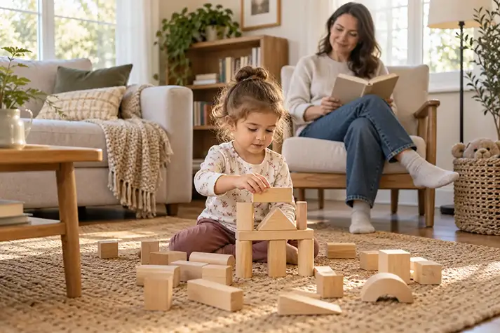 A preschool-age child building with wooden blocks while a parent sits nearby in a warm home setting.