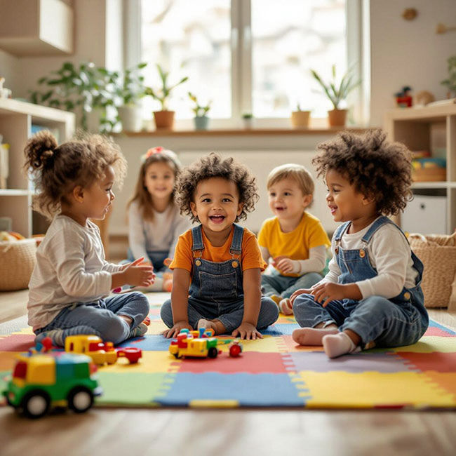 Young children playing together with colorful toys in a home daycare setting