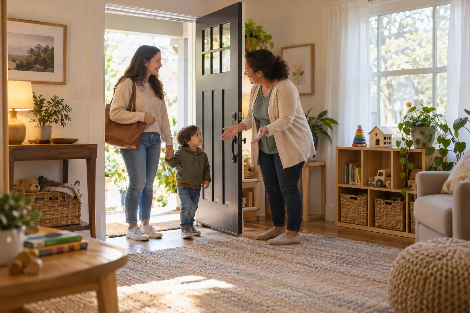 A caregiver welcoming a parent and young child into a warm, organized home daycare setting.