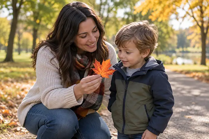 A parent showing an orange leaf to a preschool-age child on a park path.