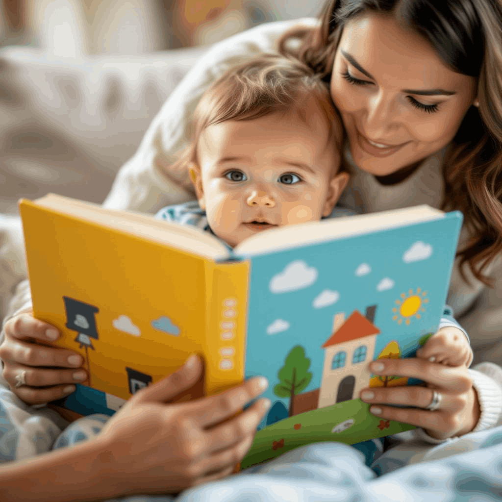 Infant looking at a colorful picture book with an adult