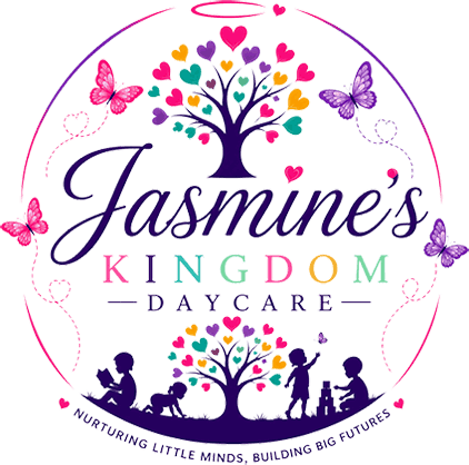 Jasmine’s Kingdom Daycare official graphic depicting a tree with colorful hearts as leaves and pictograms of children with the wording Jasmine's KINGDOM DAYCARE
