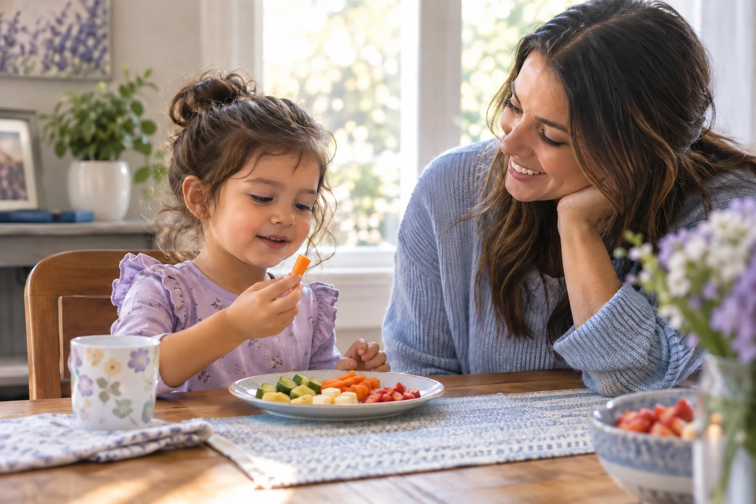A parent and preschool-age child exploring a small plate of colorful food together at a home dining table.