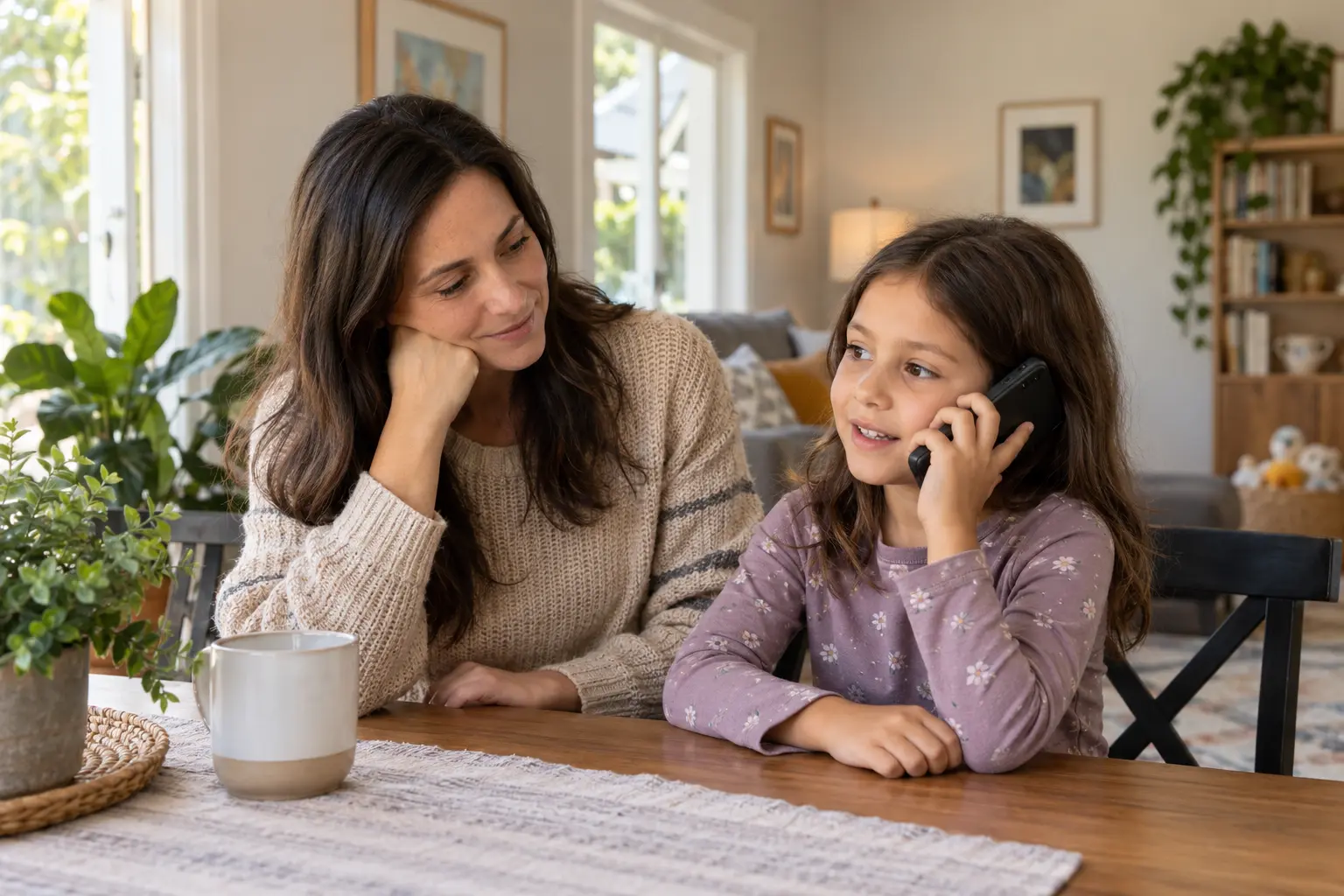 A parent and school-age child practicing an emergency phone call together in a warm home setting.