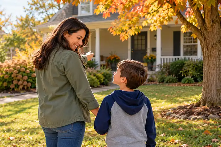 A parent and school-age child practicing at a family meeting place outside a home.