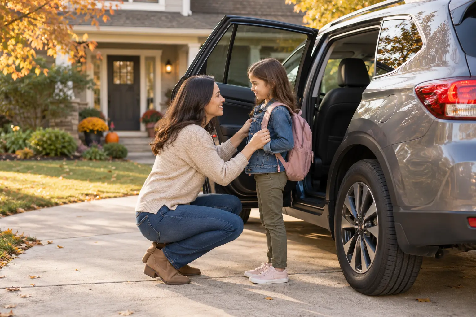 A parent and school-age child preparing to get into the back seat of a parked family car.