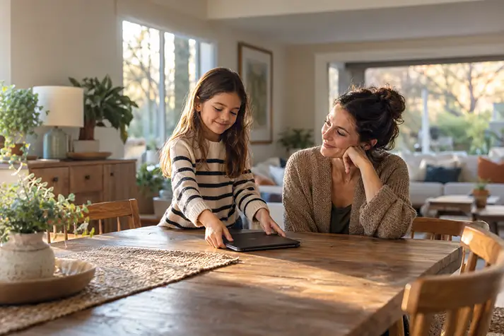 A parent and school-age child putting away a tablet together at a home table.