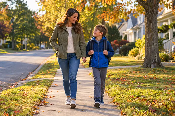A parent and school-age child walking together on a residential sidewalk with a backpack.