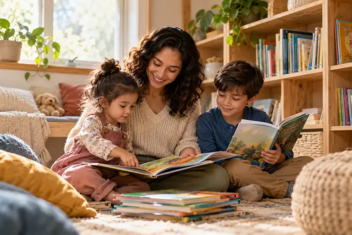 A parent and two children choosing books together in a warm reading area.