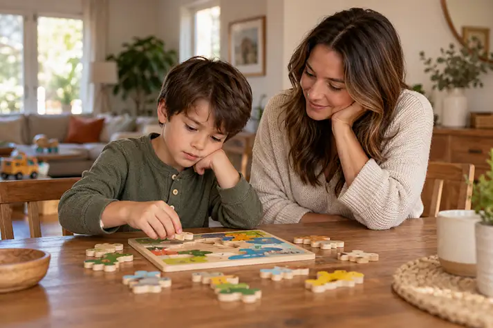 A parent encouraging a school-age child working through a challenging puzzle at home.