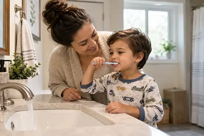 A parent watching a preschool-age child brush their teeth at a home bathroom sink.