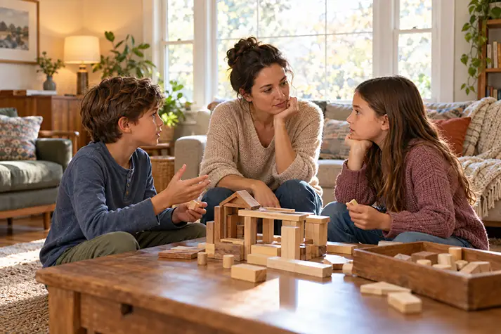 A parent listening as two school-age siblings work through a disagreement at home.