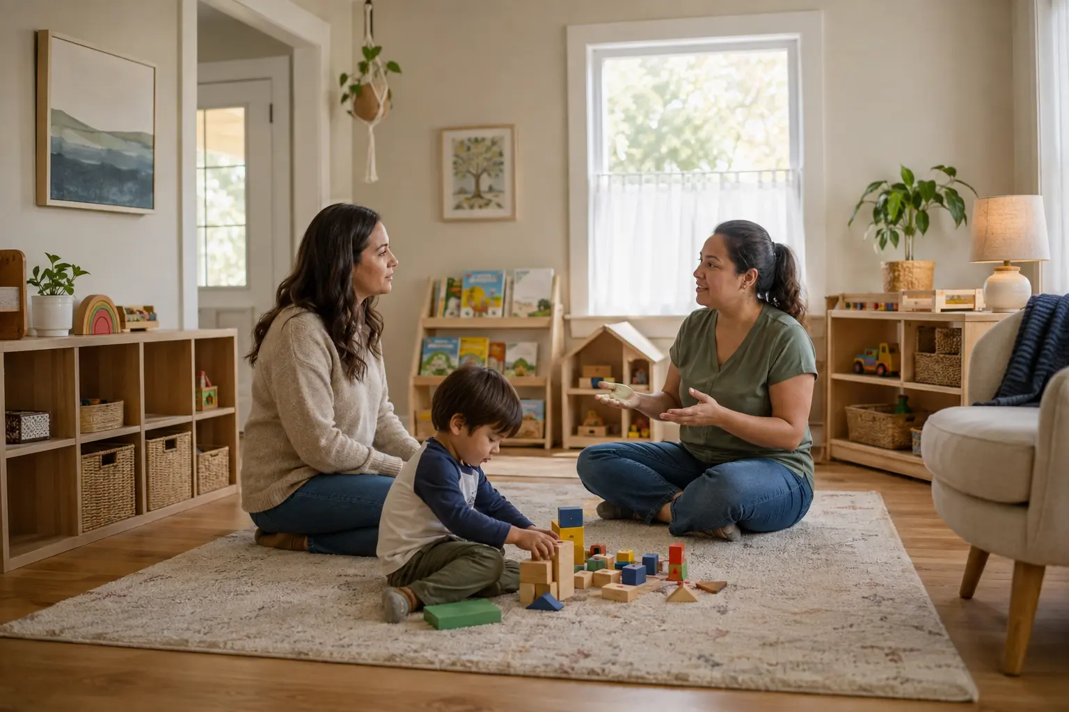 Parent and child visiting a warm and organized home daycare