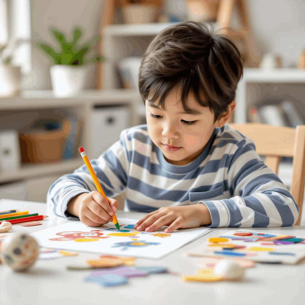 Preschool-age child creating artwork with colorful materials