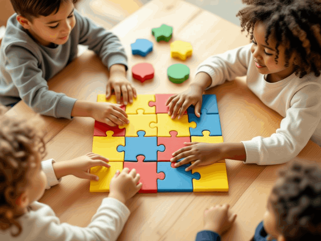 Preschool children sorting colorful shapes during a learning activity