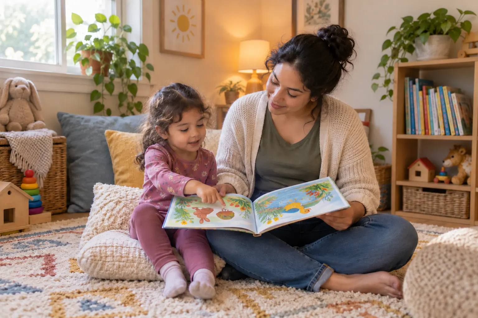 A caregiver and preschool-age child exploring a picture book together in a cozy home daycare reading area.