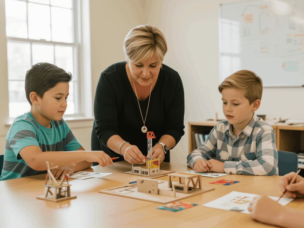 School-age children working together on a building project