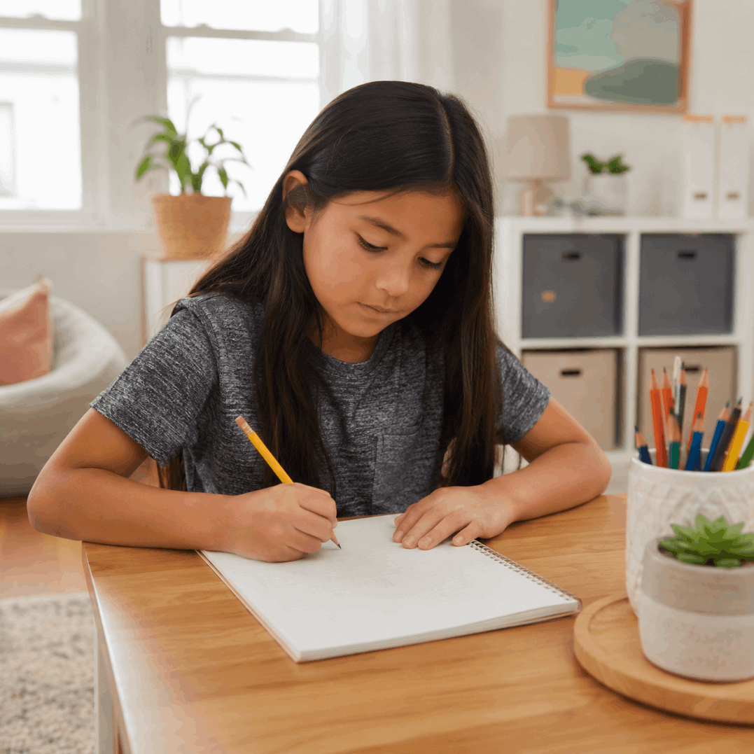 School-age child completing homework at a quiet table