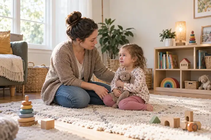 A caregiver calmly supporting a frustrated toddler at eye level in a home daycare play area.