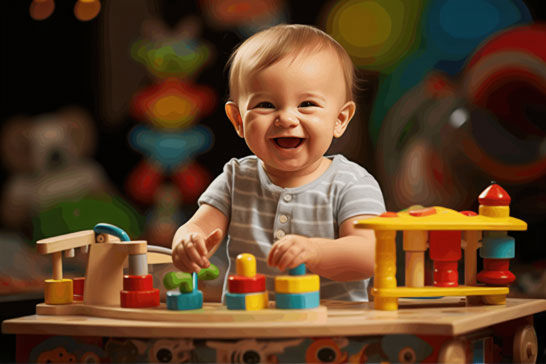 Smiling baby playing with colorful blocks