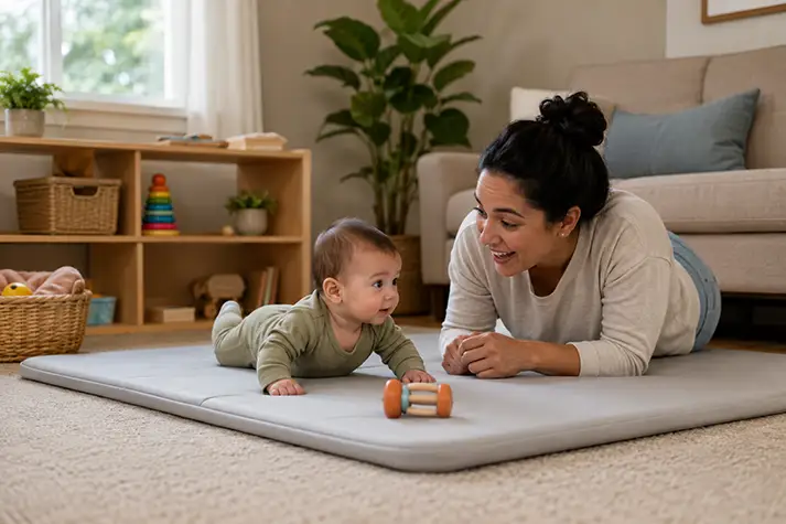 An awake baby practicing supervised tummy time with an adult nearby.