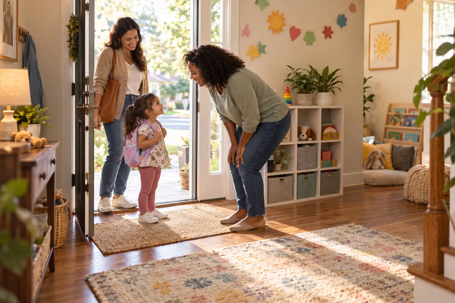 A fictional home daycare caregiver welcoming a young child and parent through an open doorway on a bright morning.